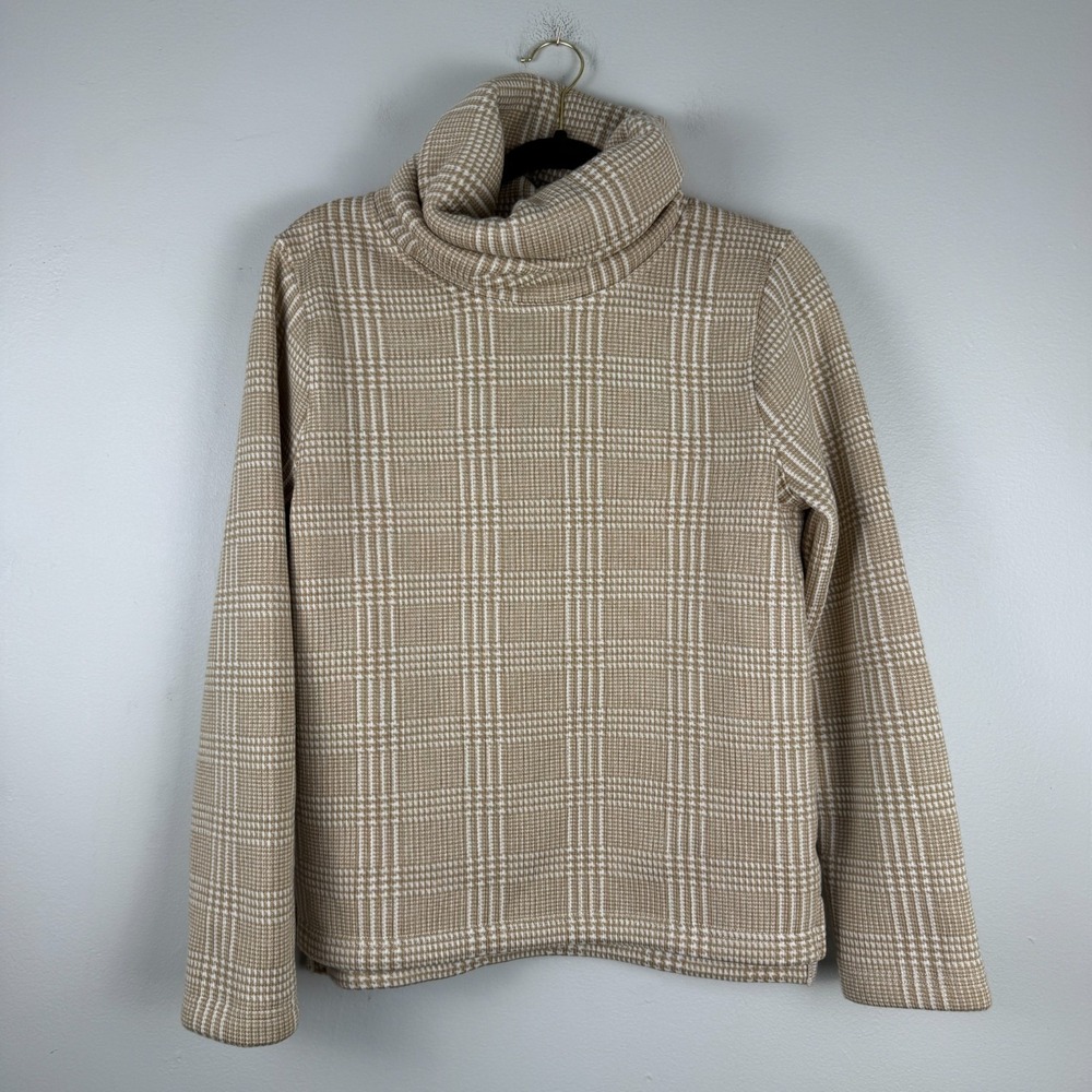 J.Crew Sweater Women's Medium Beige Checkered Fleece Lined Cowl Neck Pullover